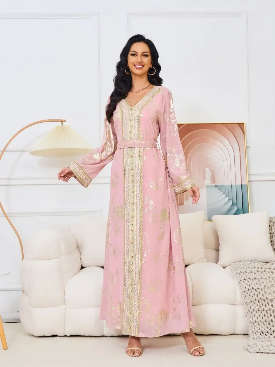 Caftan Long Dress Belt Party Evening Dubai Islamic Clothing Muslim Eid Woman Abaya Ramadan Belt Party Dresses Elegant Jalabiya