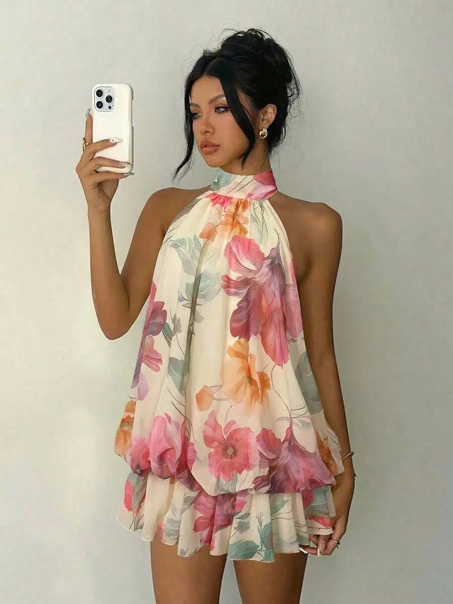

Womens Floral Halter Neck Sleeveless Mini Dress Summer Vacation Travel Dress