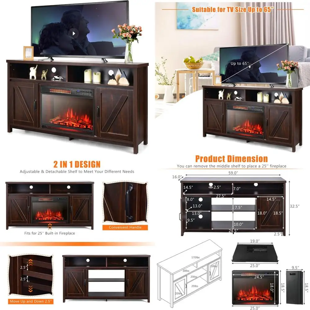 65 65-Inch TV Electric Fireplace Stand with 25 1350W Faux Flame Heater, 3 Settings, 4 Shelves