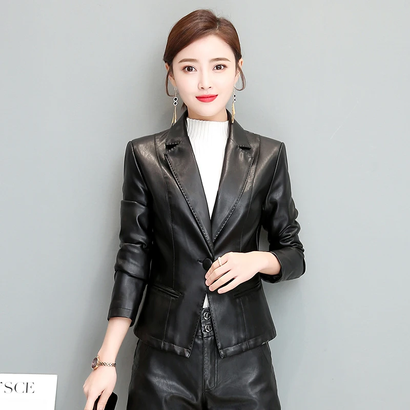 Spring 2025 Women's Slim Fit ort Leather Jaet eepskin True Leather Faionable Small Suit Sle Outerwear Coat