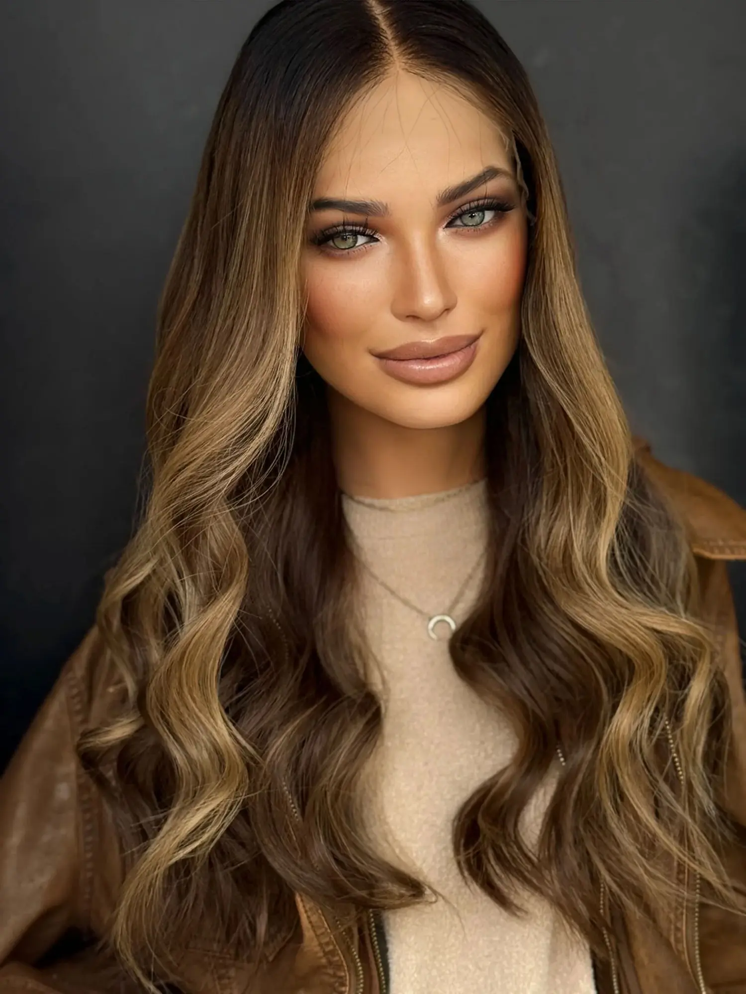22 Inches Chocolate Brown Highlights Synthetic Lace Frontal Wigs With Dark Roots Long Length Loose Wave Brunette Fibre Female
