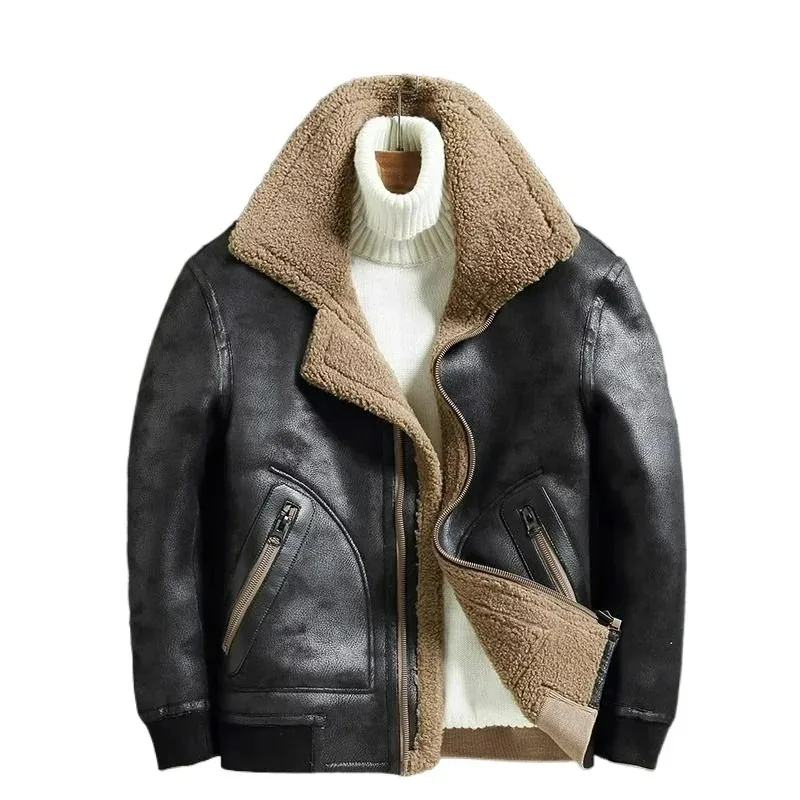 Men's New  Winter Fashion Autumn Reversible Biker Jacket Thickened Wool Jacket Trend Menswear Casual Warm Padded Leather Jacket