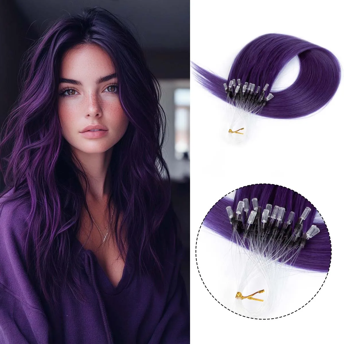 

50 шт. фиолетовых накладных волос Microlink, ярко-розовые волосы с микрокольцами, накладные волосы из натурального волоса, разноцветные, для косплея, для женщин