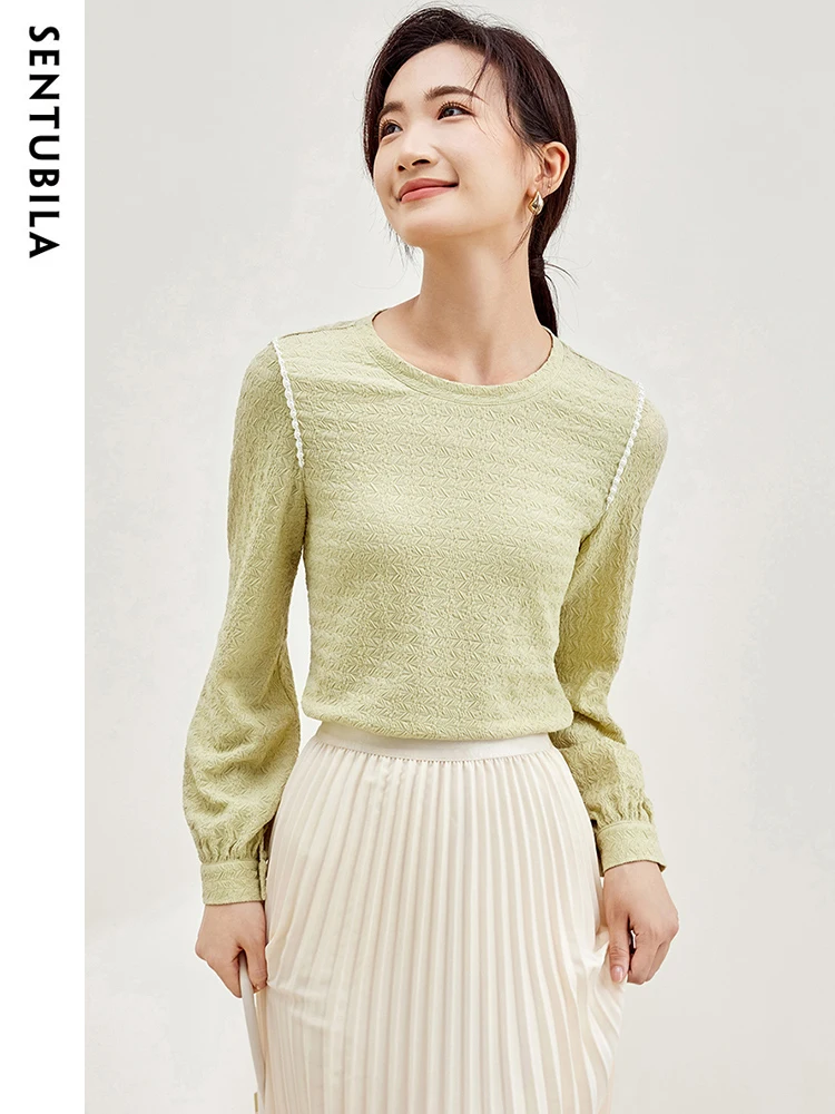 

SENTUBILA Elegant Beeding Long Sleeve Tshirts Woman 2024 Autumn Korean Round Neck Textured Knitted T Shirts for Women Clothing