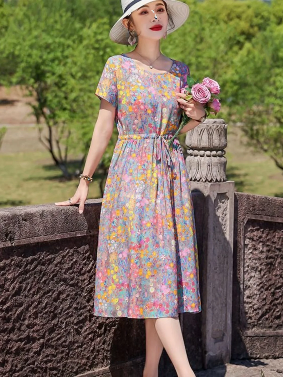 summer-new-faion-loose-waist-ort-sve-cotton-silk-dr-women's-floral-collar-pin-casual-sle-ele-slimming-dr