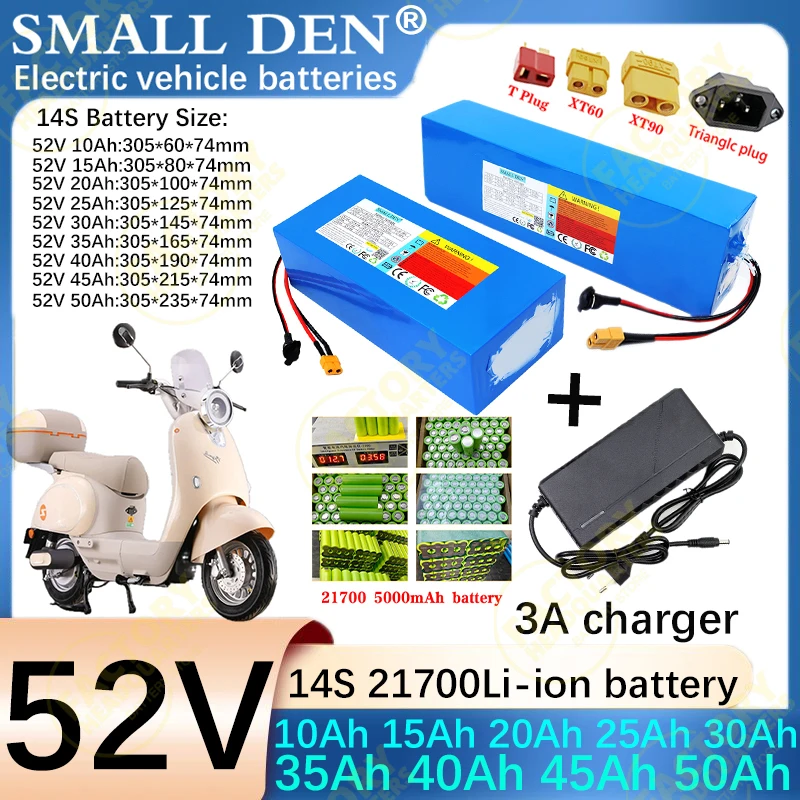 

52V 10Ah 15Ah 20Ah 25Ah 30Ah 35Ah 40Ah 45Ah 50Ah21700lithium battery pack 14S2P-10P 0-2000W high-power battery with BMS+3charger