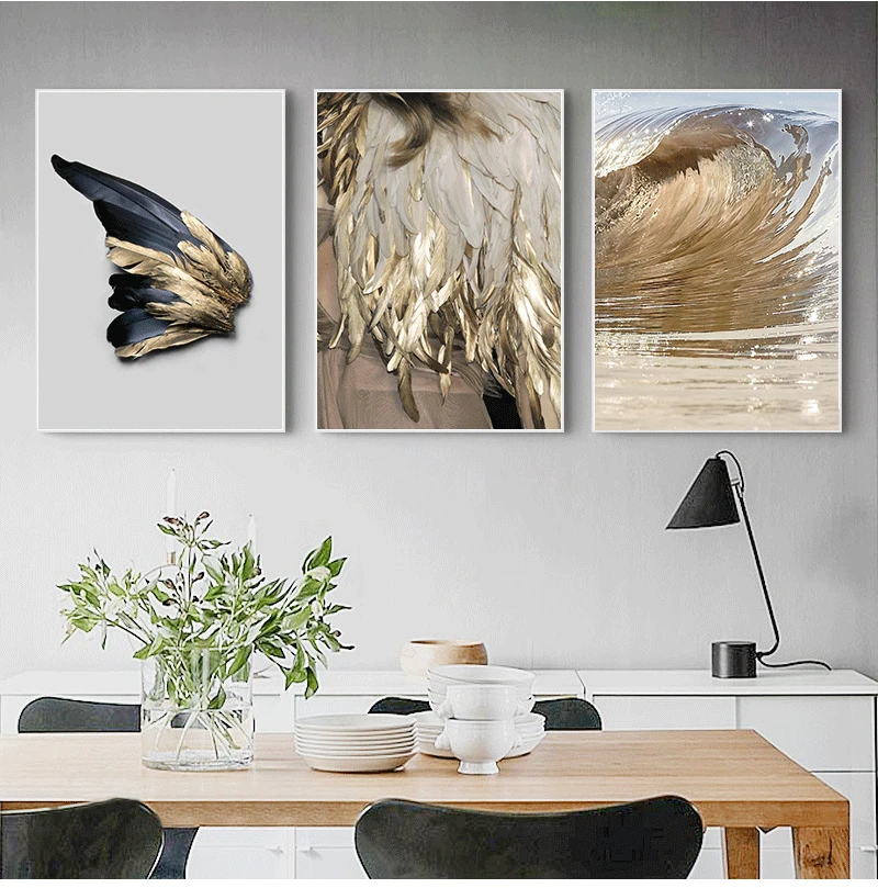 American Modern Living Room Decoration Gold Feather Abstract  Angel Wings Canvas Painting Wall Picture Sofa Background