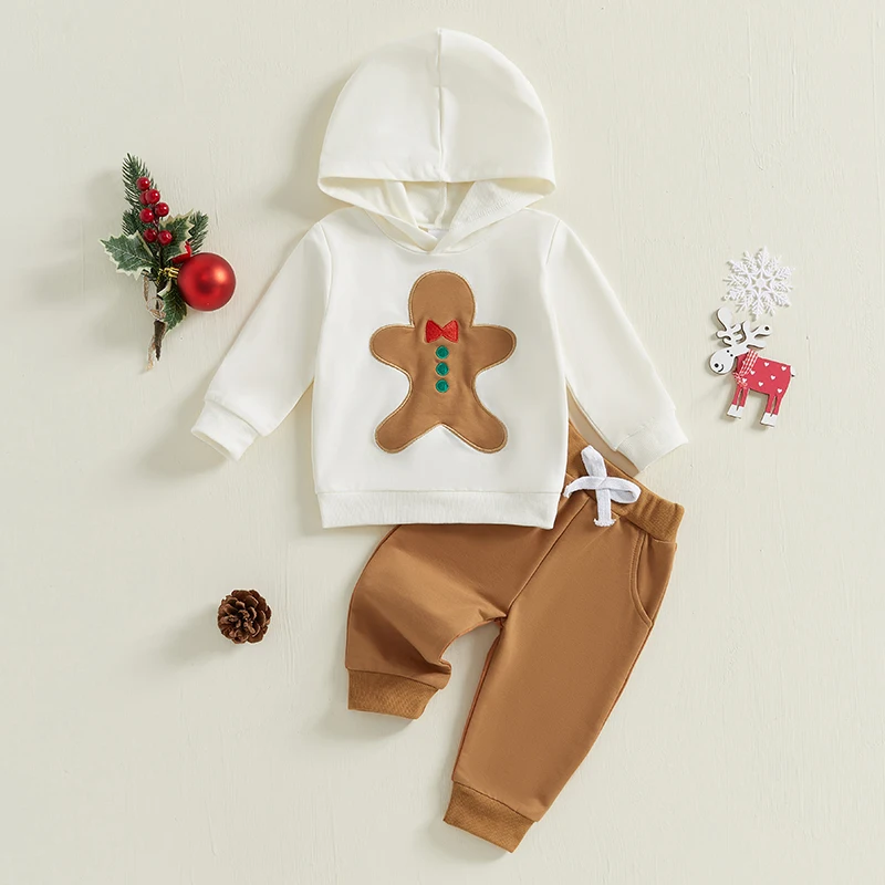 2024-08-27 Lioraitiin Toddler Girl Boy Christmas Outfits Gingerbread Man Pattern Long Sleeve Hoodies with Solid Color Pants Set