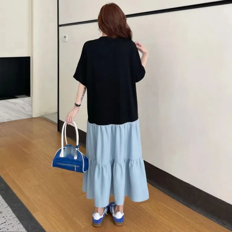 Summer Women's Dresses Woman for 2025 New Loose Patchwork T-Shirt Dress Heavy Diamond Short Sleeve Female Clothing KE6673