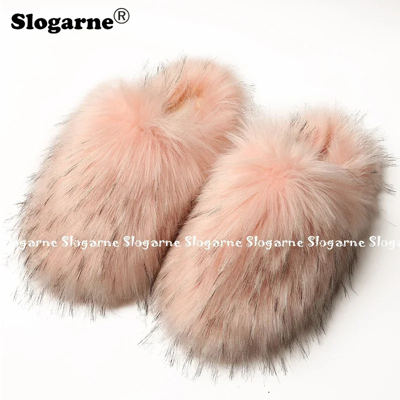 2024 Women Winter Raccoon Fur Slippers Warm Plush Slides Girls Luxury Furry Faux Fur Slippers Home Cotton Shoes Indoor Fur Slide