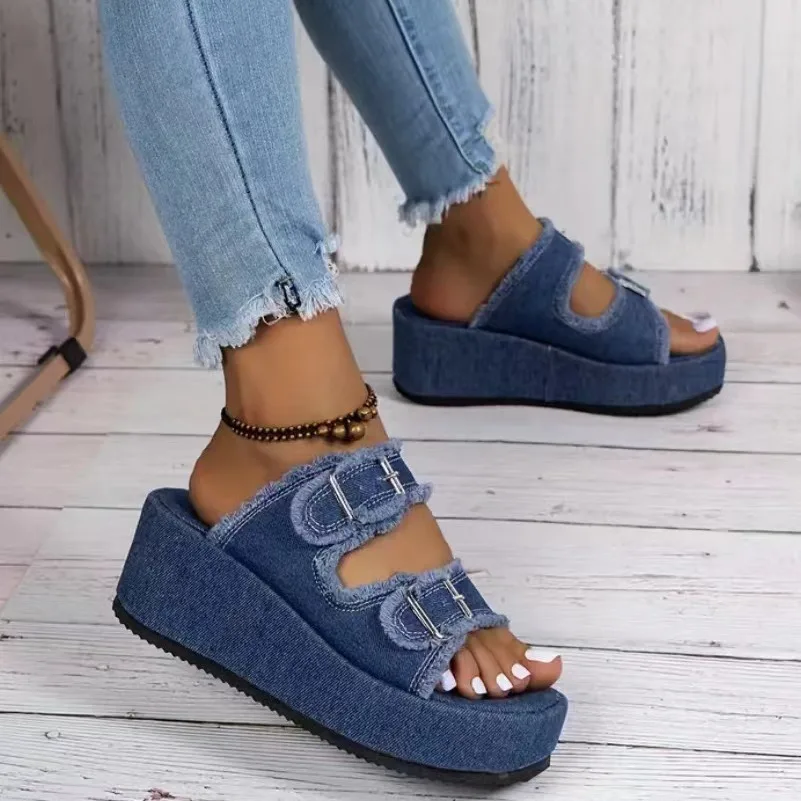 Cowboy Wedges Slippers Shoes Women High Heels Platform Sandals Buckle Flip Flops 2024 Summer Fashion Pumps Zapatos Mujer Slides