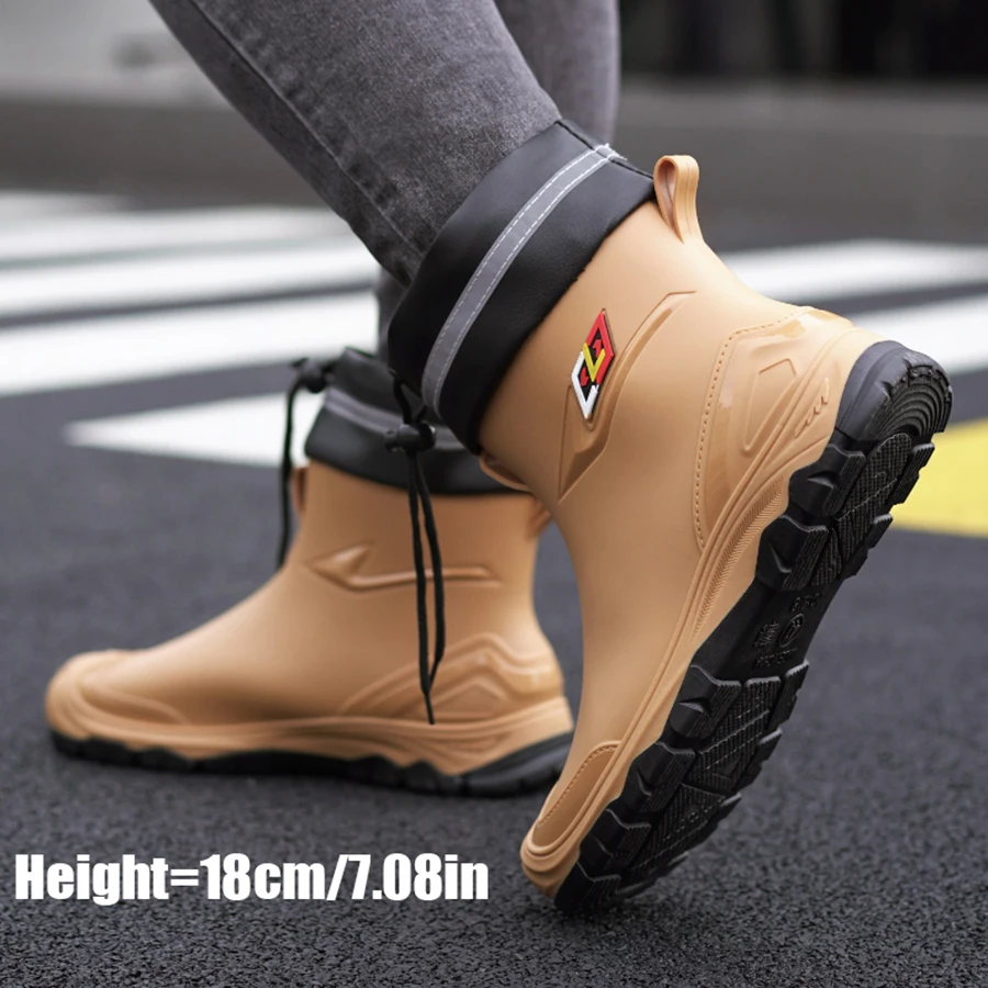 Outdoor-Arbeitsstiefel im britischen Stil, rutschfest, wasserdicht, mit Kordelzug, Trommelverschluss, für alle Jahreszeiten geeignet, Herren-Regenstiefel – Detail 1