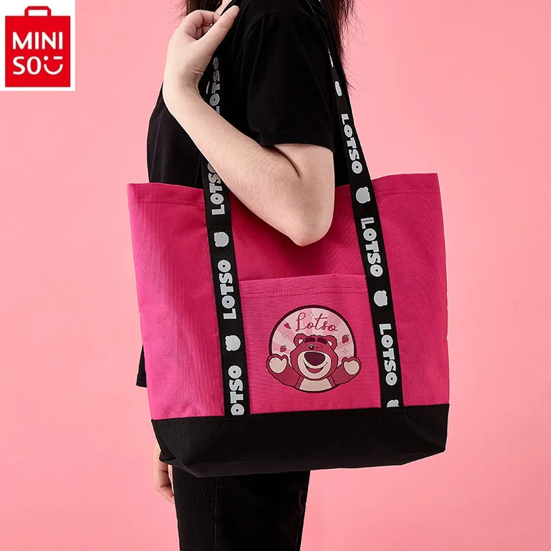 

MINISO Disney Canvas Cartoon Strawberry Bear Shoulder Bag Large Capacity Fashion Women's Handheld Commuting Handbag