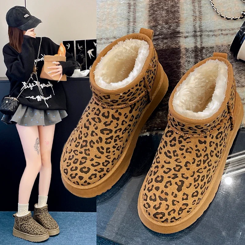 2024 Women\'s Simple Thick Soled Shoes New High Quality Snow Boots Leopard Pattern Daily Boots Hot Selling Round Head Ankle Boots