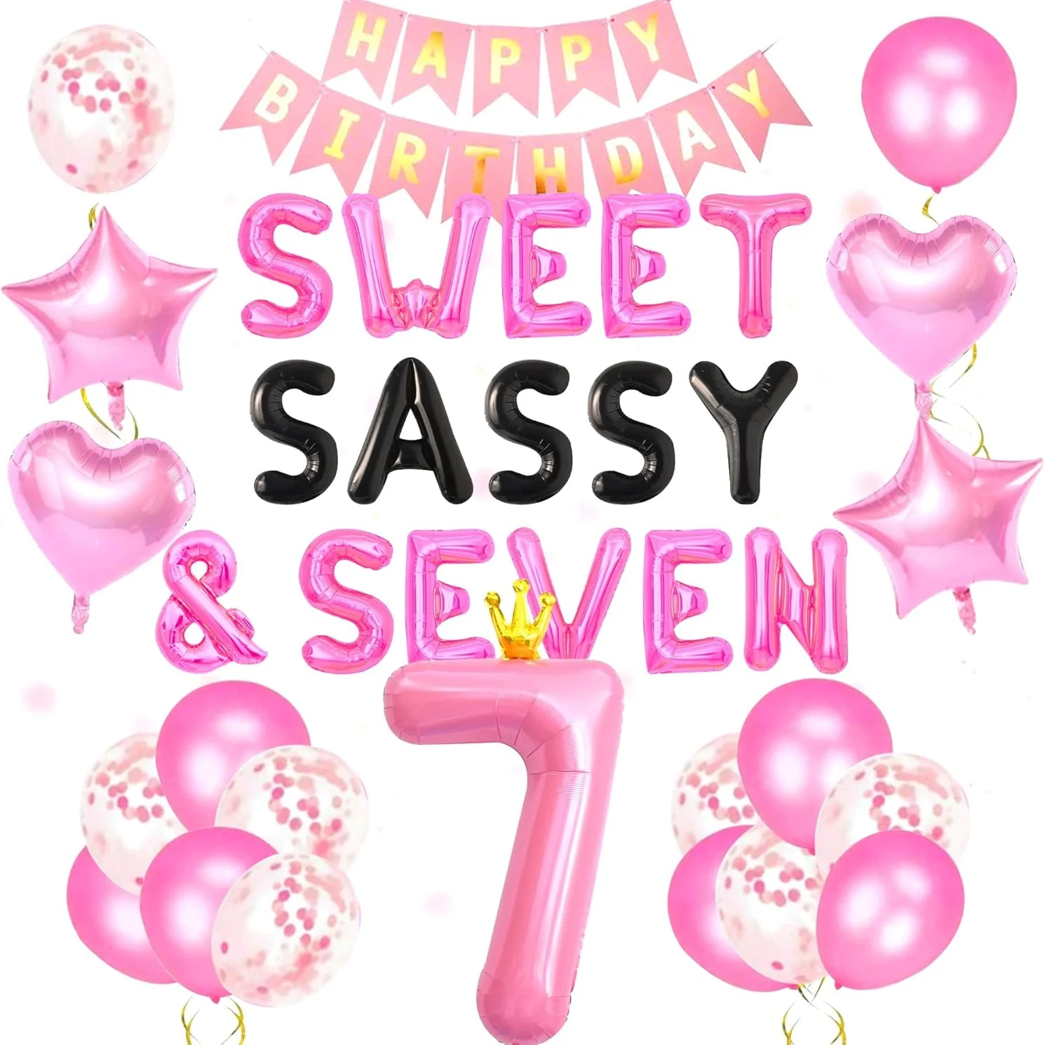 Laventy 27 PCS Sweet Sassy & Seven Birthday Decoration Sweet Seven Birthday Balloons 7 Years Old Birthday Decoration