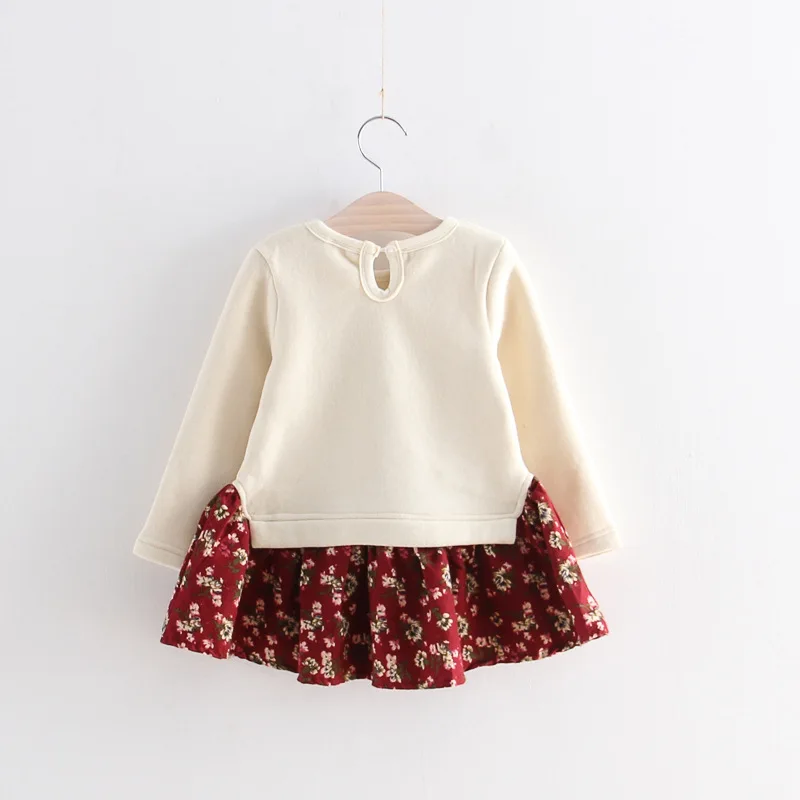 Kids Winter Print Dress for Toddler Girls 2 To 6 Year Casual Clothes Pullover Long Sleeve Beige Sweatshirt Splicing Floral Skirt