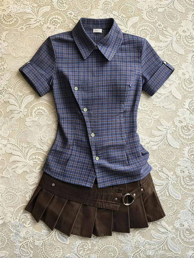 Korean Style Summer Slim Fit Plaid Shirt And Half Skirt Set Women's Fashion Ensemble Short Sleeve Collar Button Closure