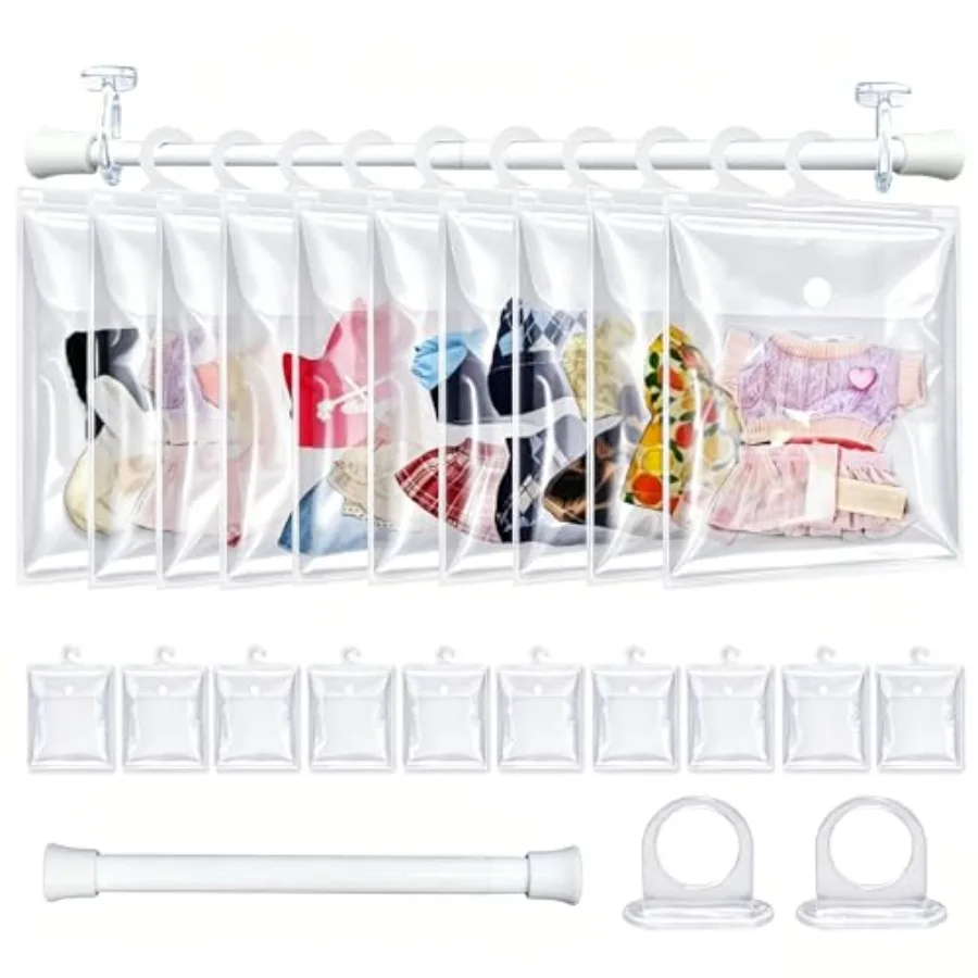 

10 Pack Clear Doll Clothes Storage Bags with Hanging Rod and Hooks, Compatible with Labubu Clothes and 4-8 inch Doll Clothes -