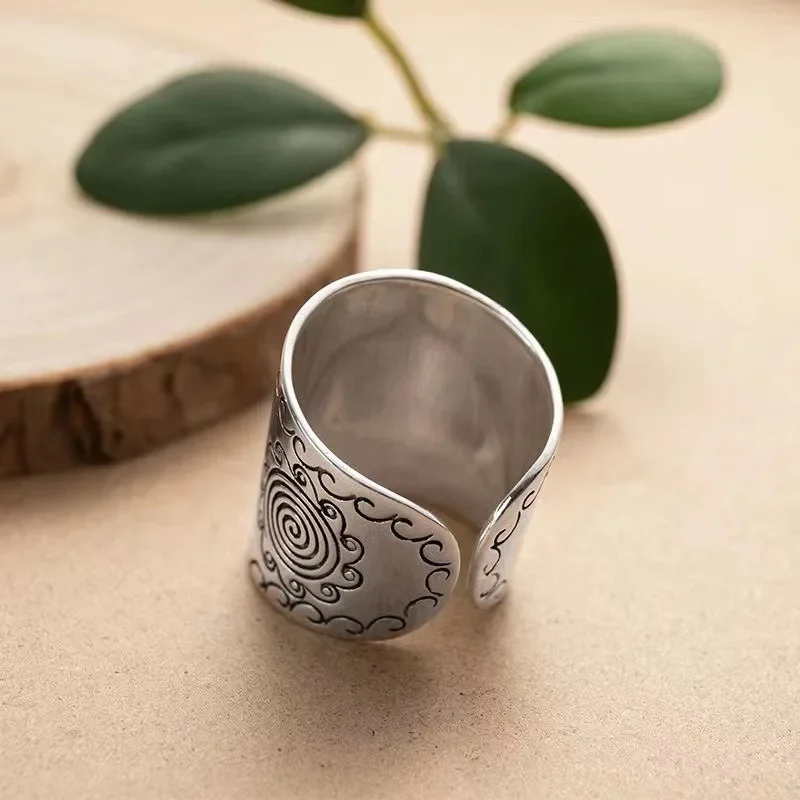 Carven Design Ethnic Style Wide Ring 925 Thai Silver Craft Vintage sunflower Mens Rings Domineering Banquet Jewelry Opening