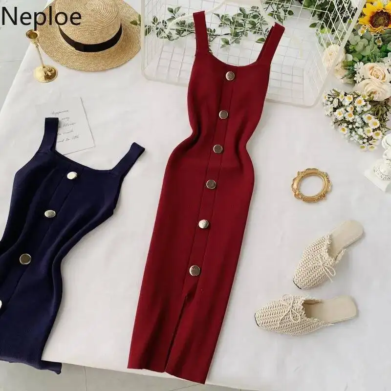 BabYoung Square Collar Single Breasted Knitted Dress Women Solid Sleeveless Split Camis Vestido High Waist Bodycon Dresses 80852