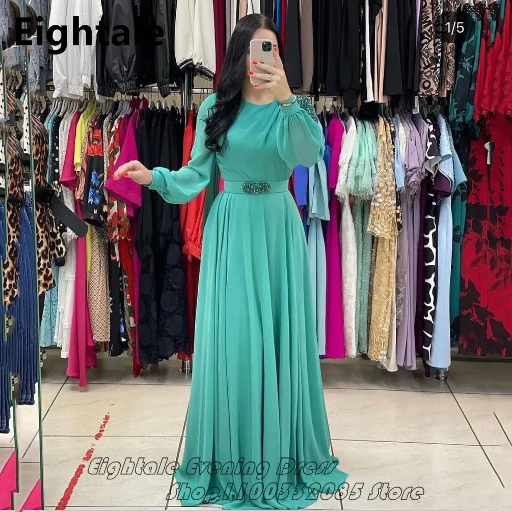 Elegant Turquoise Chiffon A Line Evening Dress Long Puff Sleeves Rhinestone Plus Size Arabic Formal Prom Party Gown Customized