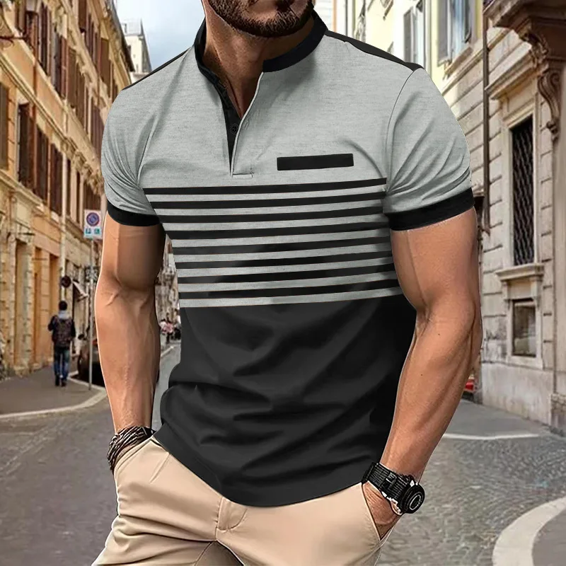 Men's Striped Polo Shirt Casual Color Block Short Sleeve Lapel Stand Collar Polo Shirt Summer Golf Shirt European Measurement