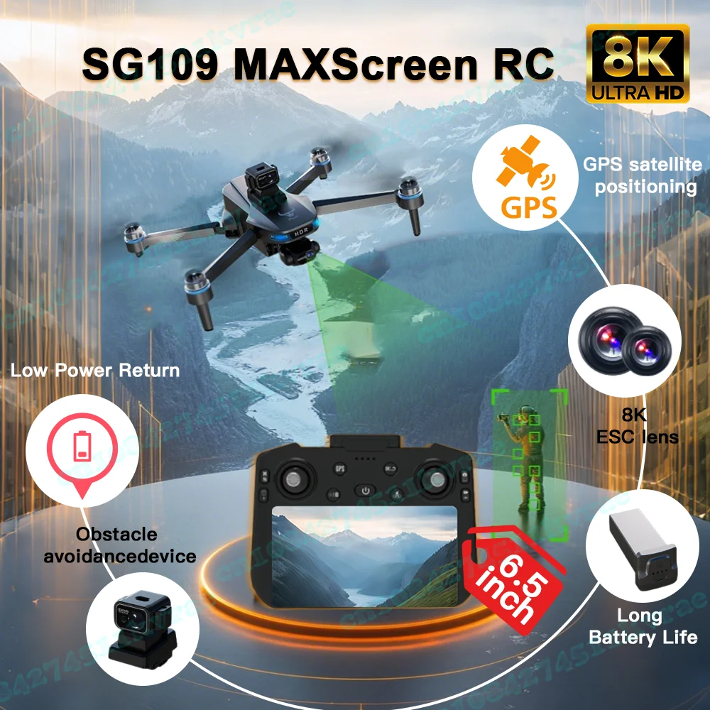 

SG109 MAX GPS 3-осевой стабилизированный дрон Gimba 360 ° Лазерное предотвращение препятствий 5G WlFl FPV Видео 8k HD 6,5-дюймовый БПЛА с большим экраном