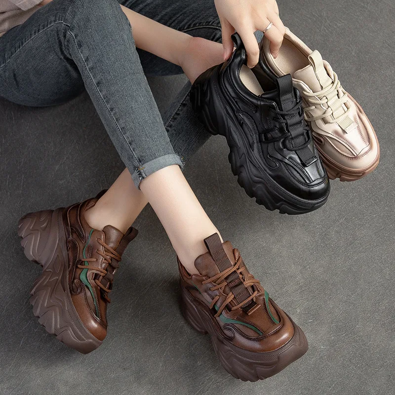 Chunky Sneakers Women Genuine Leather fashion retro comfortable Round Toe Lace-Up Thick Sole Ladies Shoes Handmade 613-3