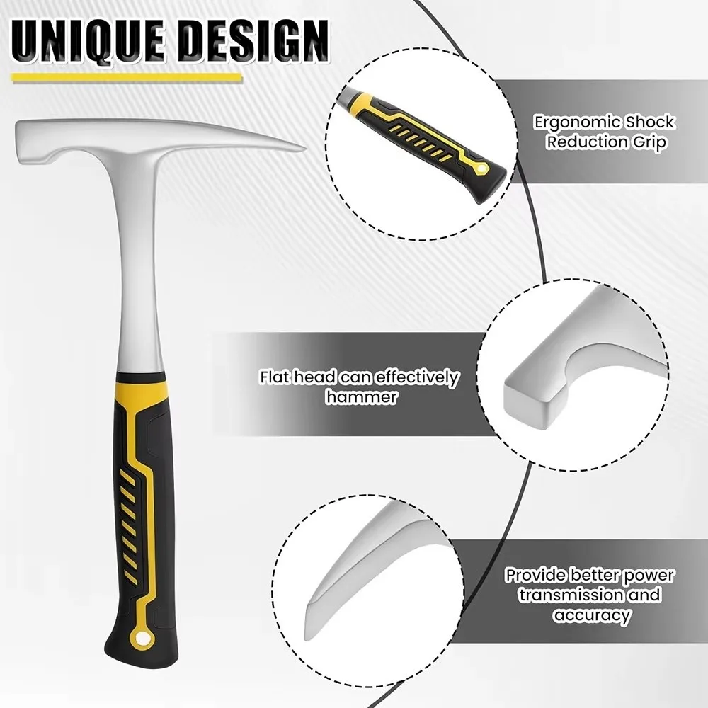 Martelo Geológico de Aço Carbono de Alta Qualidade com Acabamento Escovado para Exploração ao Ar Livre, Martelo de Picareta para Rocha, Exploração de Minas, Cabo de Borracha Antiderrapante