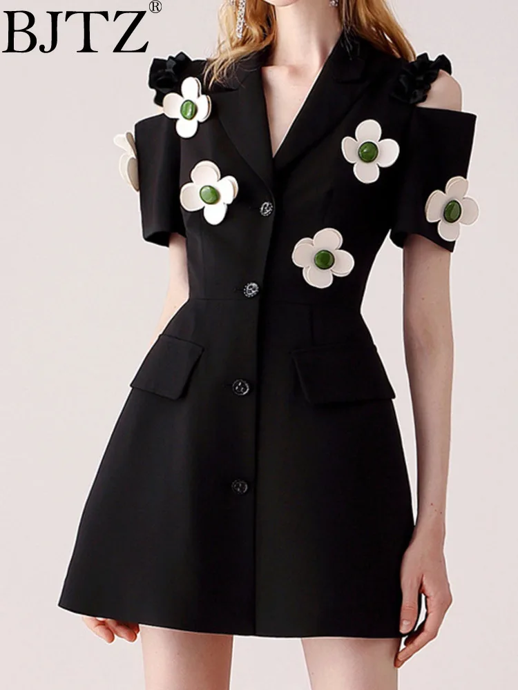 

BJTZ 2024 Women's Spring Summer Black Haute Couture Suit Jacket Three-dimensional Flower Cutout Shoulder Slim-fit Dress Skirt