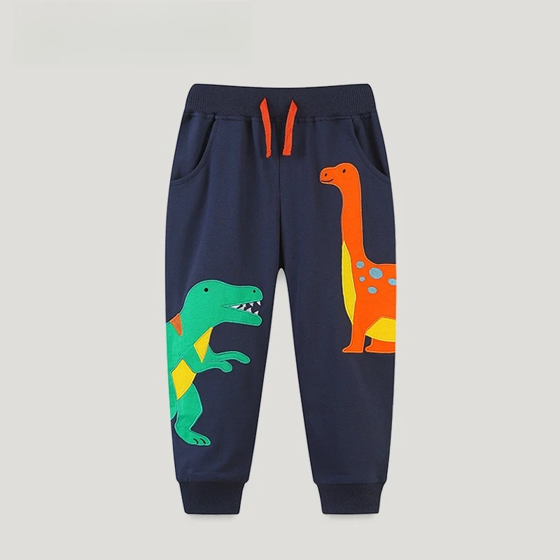 

Kid Boy Comfortable Trousers Navy Blue Sweatpants Orange Drawstrings Side Pocket Adorable Cartoon Dinosaur Prints Children Pants