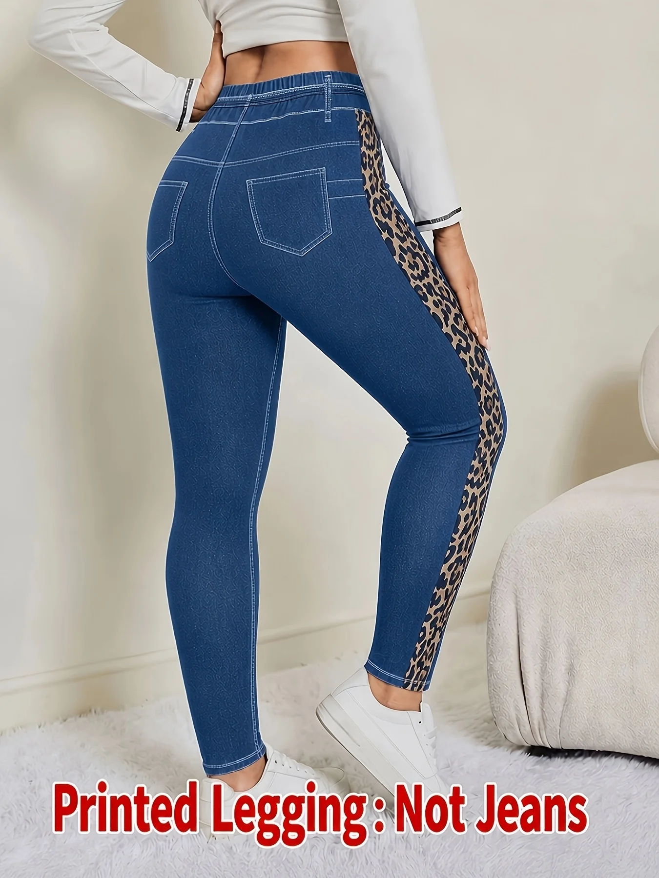 Bedruckte Leggings für Damen, kein Denim-Stoff, Hosen mit aufgesetzter Tasche und Knopfdruck-Design, hochelastisch, modisch, schmal geschnitten, lässig. – Detail 3
