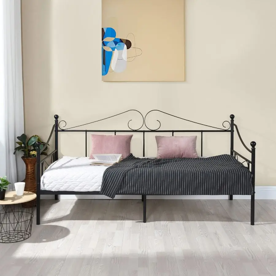 

Twin Size Daybed Frame, Day Bed Black Metal Daybed Frame with Headboard, Mattress Platform Base Box Spring Replacement Sofa Bed