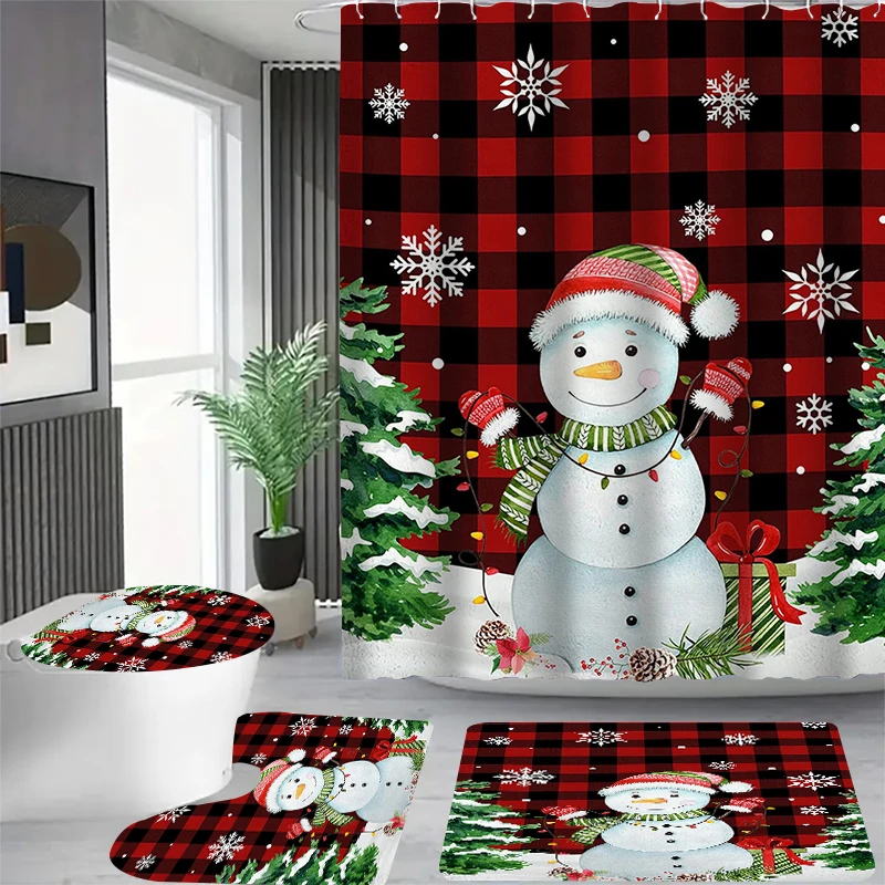 4-piece Christmas Snowman Forest shower curtain set, toilet seat decoration, shower curtain with carpet and toilet lid
