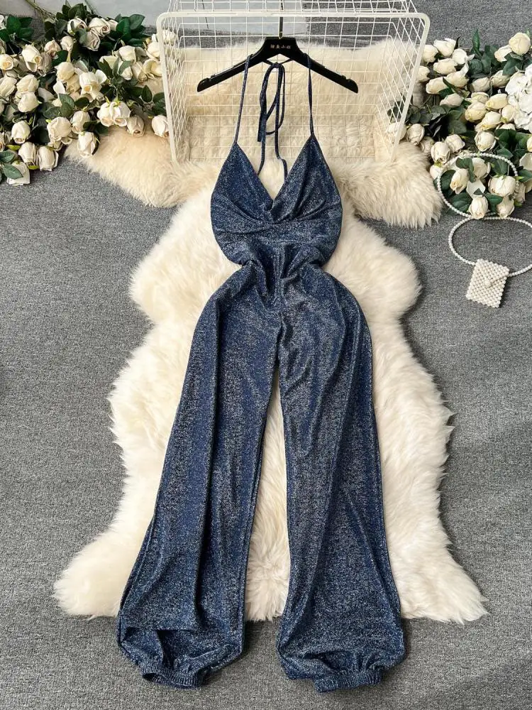 

Women's Blue Elegant High Waist V Neck Halter Bandage Jumpsuit Casual Khaki Sleeveless Wide Leg Lantern Long Pant Summer Popular