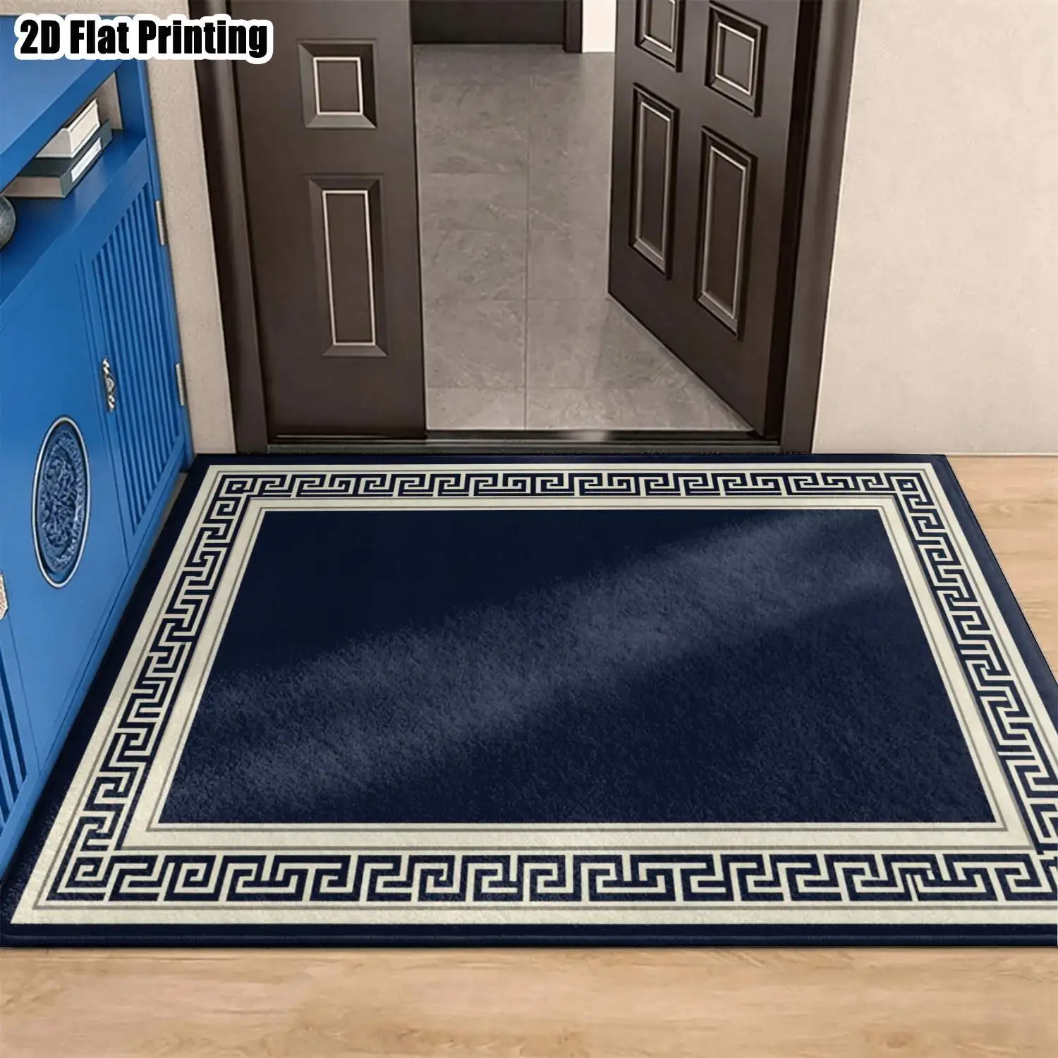 1Pc 2D Printed Navy Blue Geometric Swirl Carpet European Vintage Minimalist Geometric Home Decor Rug, Multi-Size, Machine Washable, for Entryway, Dining, Foyer, Bedroom, Living Room.