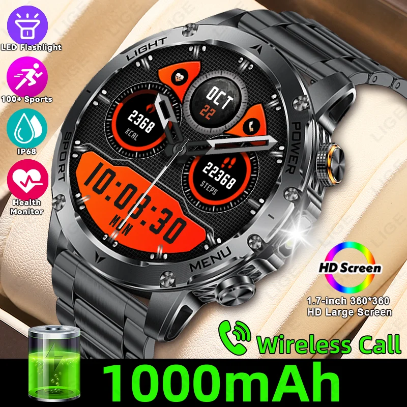 LIGE New 1000mAh Large Capacity Battery Smartwatch Men Outdoor Flashlight Bluetooth Call IP68 Waterproof Sport Fitness Watches