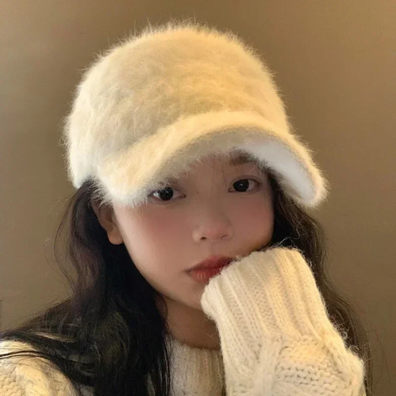 Ins Solid Color Rabbit Hair Baseball Caps Women Autumn and Winter Korean Versatile Warm Show Face Small Plush Duck Bill Hat