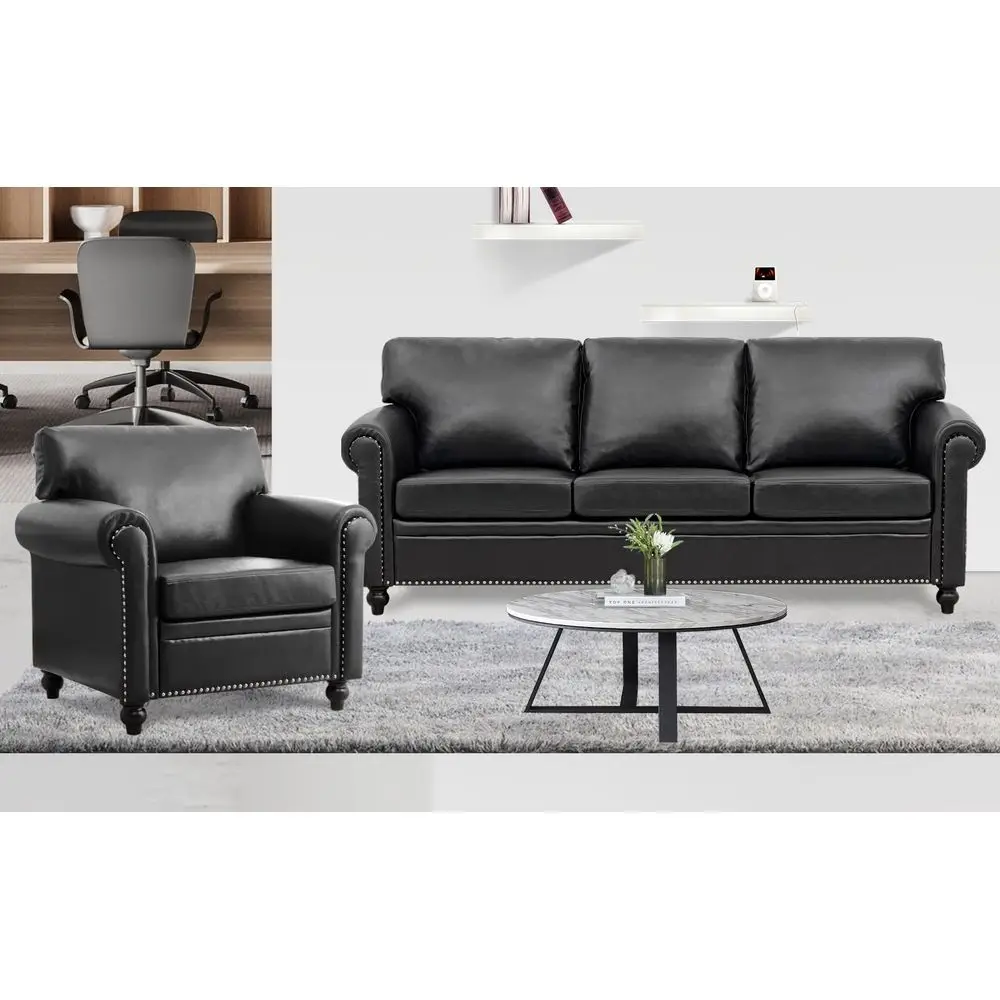 

Faux Leather 3 Seater Couches and Sofa Chair Set with Rivet Rolled Arm, Modern Mid Century Sofas for Living Room Apartment Offi