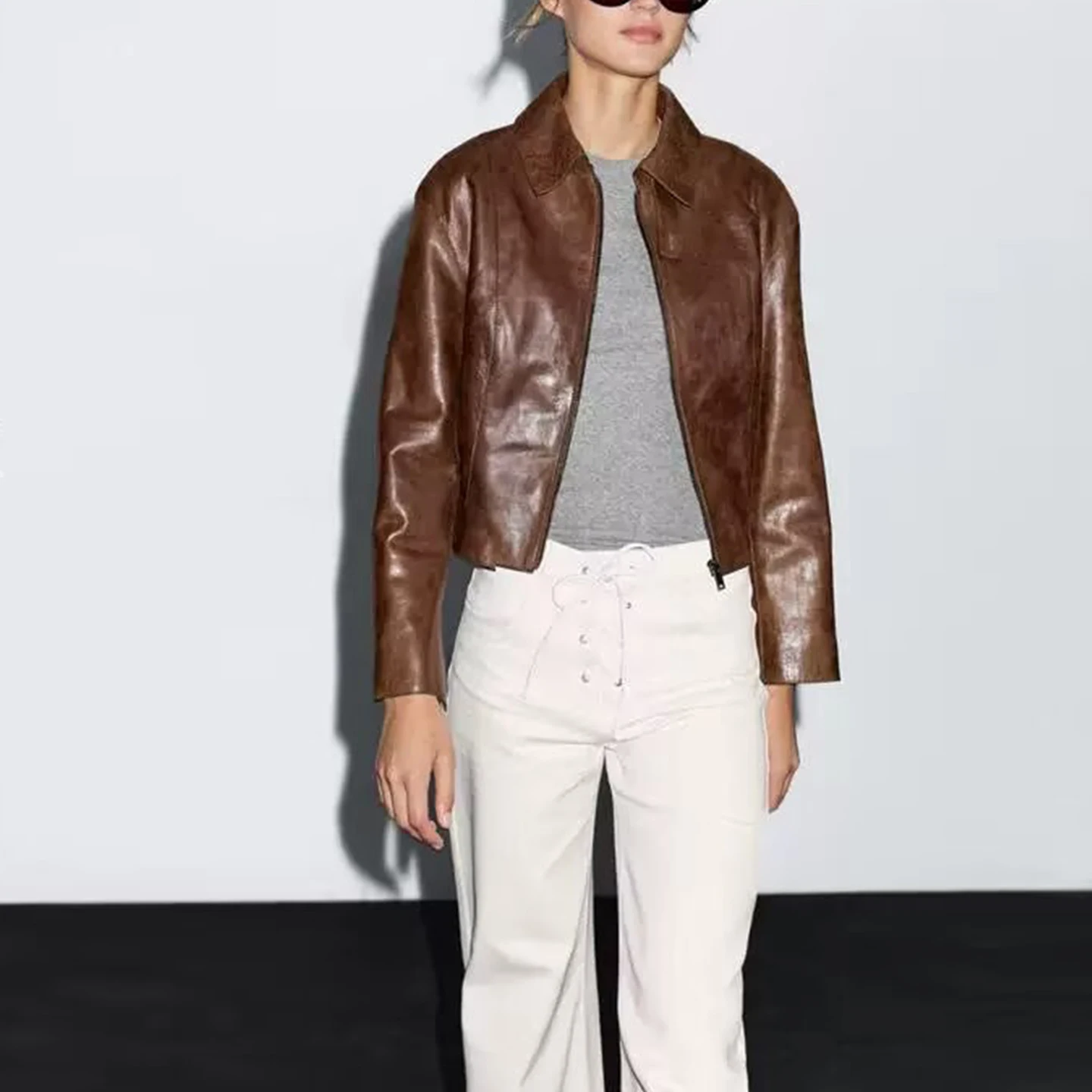 ort 플립 칼라 가죽 Jaet 여성용 Sle 2025 가을 신착 지퍼 스트레이트 튜브 롱 Sve 칼라 코트