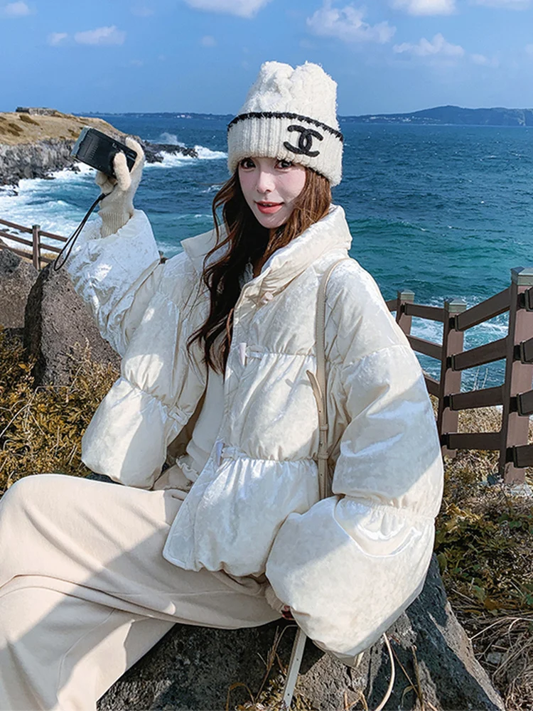   Manteau d'hiver décontracté ample en duvet de plumes blanc chaud pour femme, en velours, avec doublure en fourrure