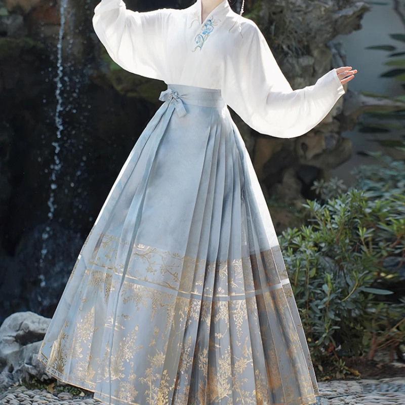 Jacquard shiny printing gauze horse face skirt Hanfu daily five-color autumn light and light set