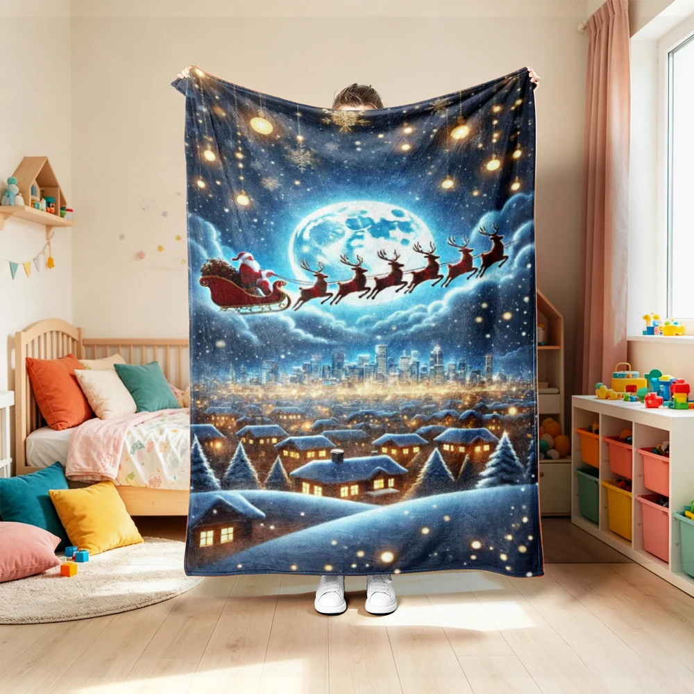 1Pc Flannel Blanket Christmas Theme Santa Claus Snowman And Elk Patterns Printed Blanket, Suitable for Office, Home,Holiday Gift view 4