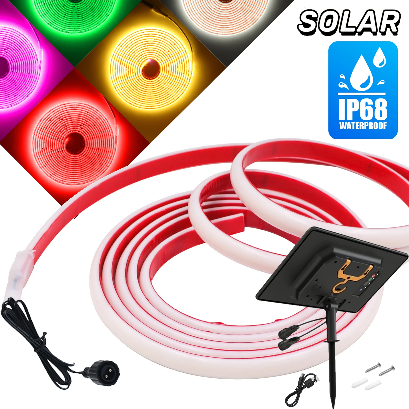 COB Solar Neon Light Strip Waterproof IP68 DC 24V Flexible LED Tape Red Green Blue Warm White 320LED/M Courtyard Garden Lighting
