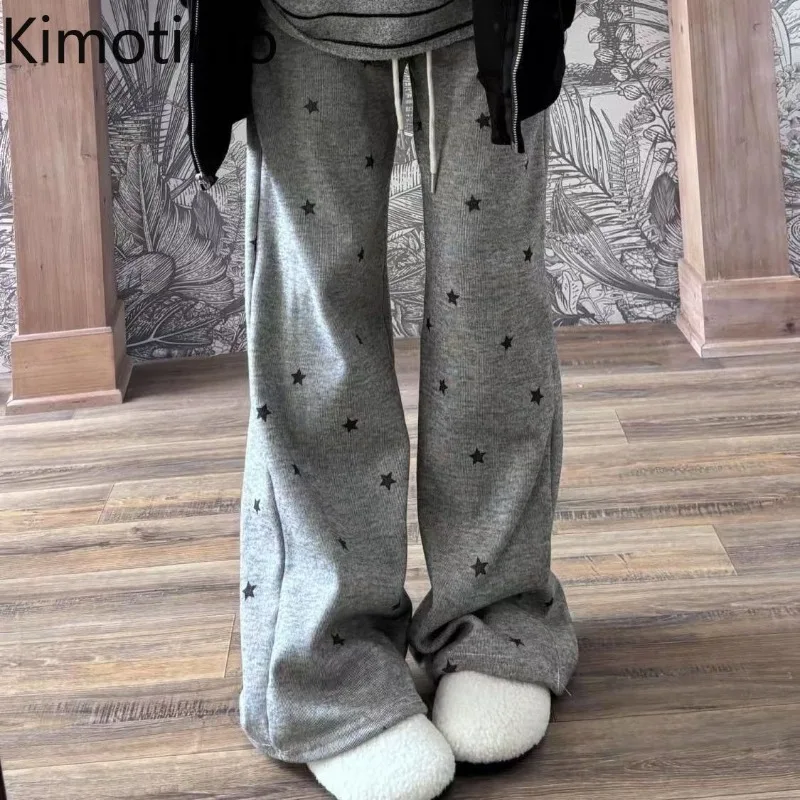 

Женские брюки Kimotimo Gray Star с принтом в стиле Y2K, новинка 2026 года, повседневные свободные спортивные штаны с высокой талией, корейские универсальные брюки в винтажном стиле