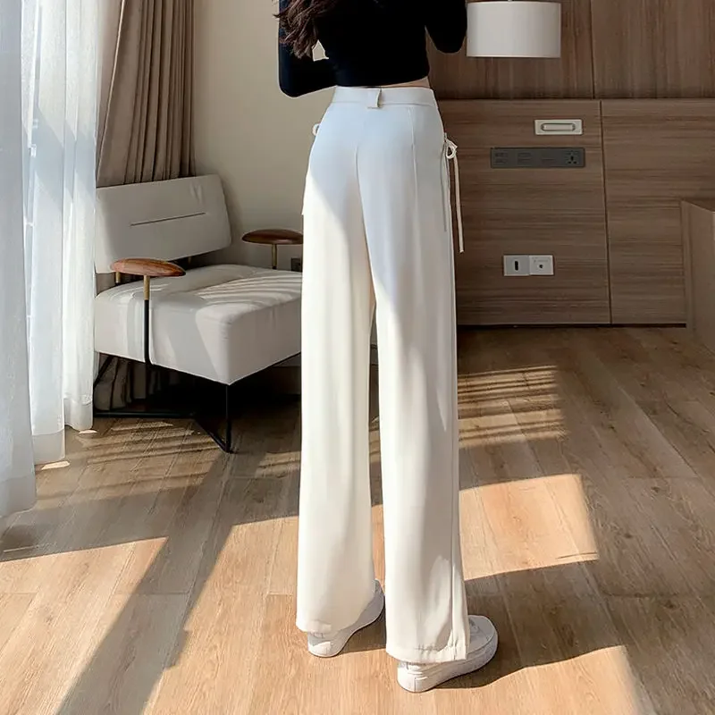 Spring and Autumn Women's Solid Color Loose High Waist Lace Up Suit Wide Leg Pants Fashion and Casual All Match Trousers