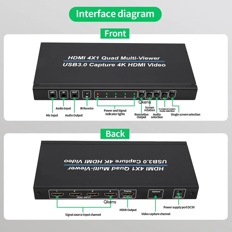 4k HDMI Multi-Viewer 4x1 4 in 1 Out Wireless Switch 9 Ansicht smodi mit USB 3,0 Video Capture Card Funktion 1080p 60fps Aufnahme