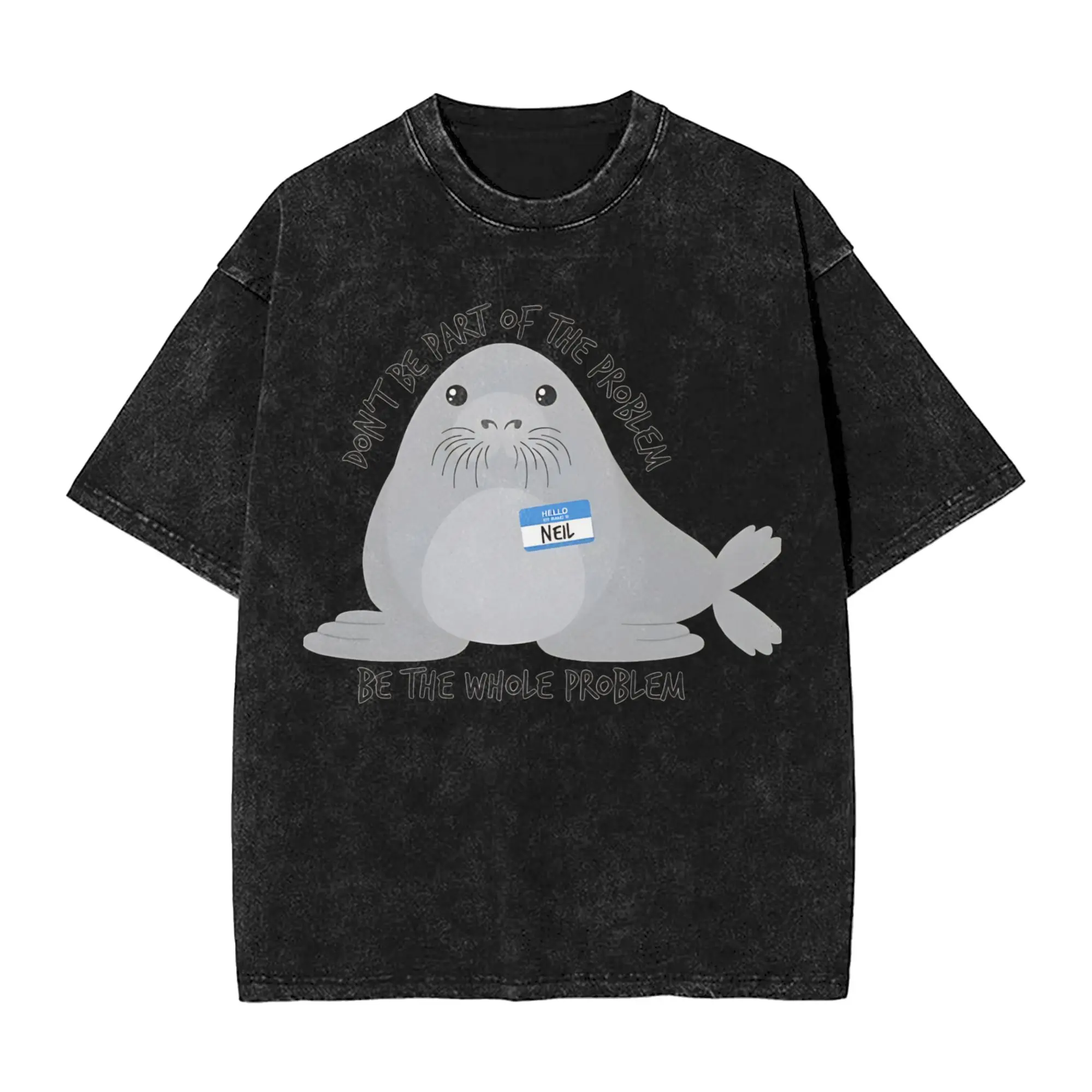 Washed T Shirts Neil the Seal Animal Hip Hop Novelty T-Shirts Oversize  Streetwear Cotton Printed Tops Tee Shirt for Men Women