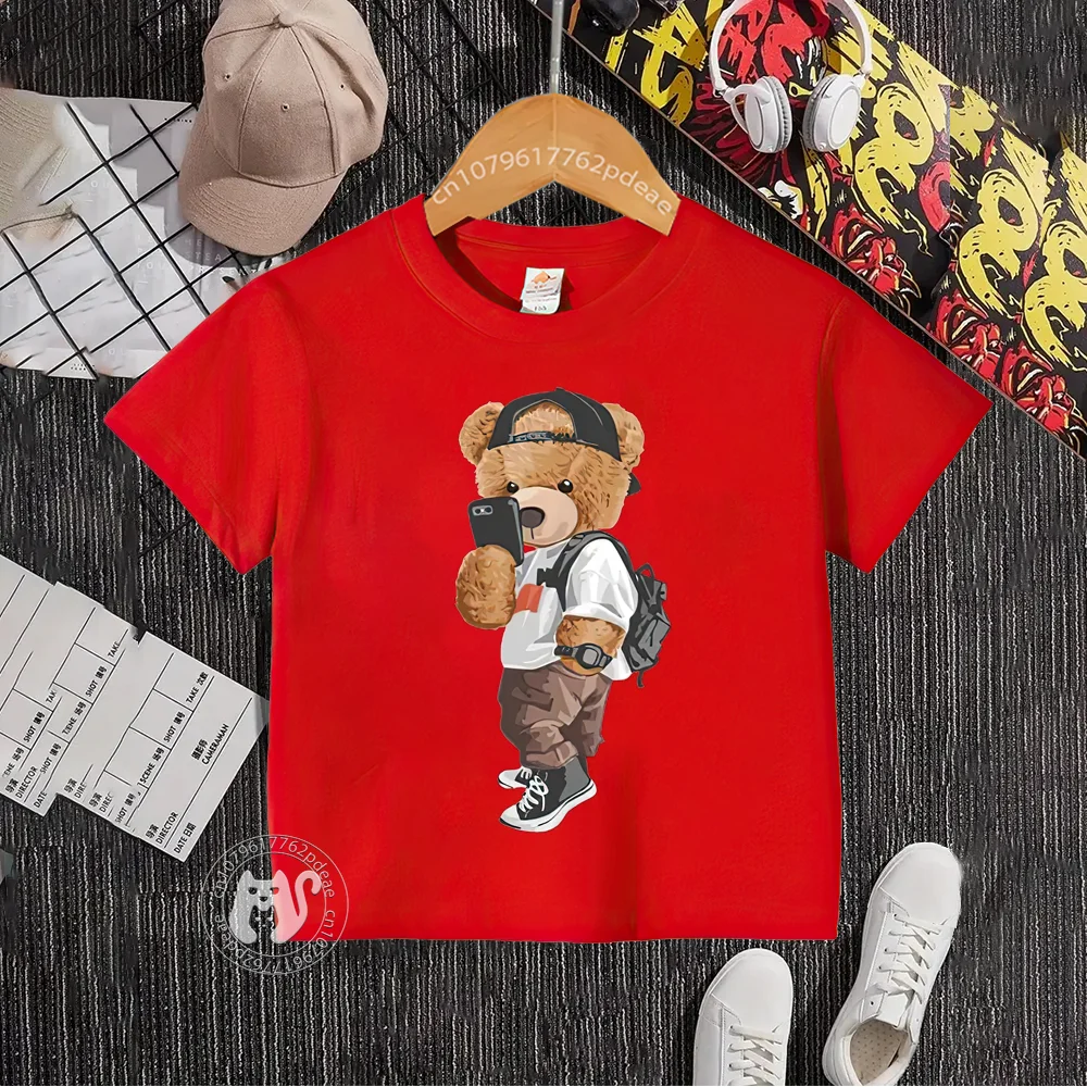 Summer 100% cotton T-shirt for boys and girls Baby street cartoon Bear print teen comfortable crewneck top Cotton T-shirt top