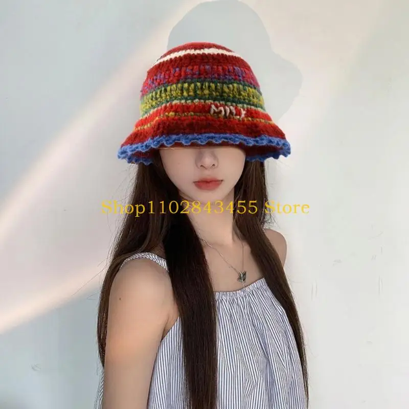 

49MC вязанная шляпа-ведро ручной работы в полоску для женщин с плетением в полоску, широкополая шляпа-ведро для взрослых и кепка